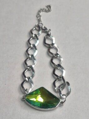 Silver Chain Bracelet with Green Crystal Accent